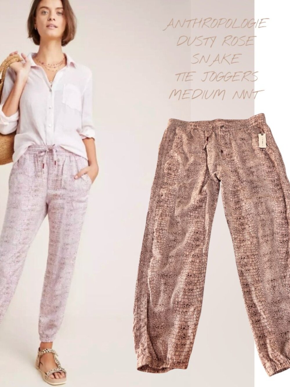 ✨ NWT Anthropologie Dusty Snake Print Crop Tie  Mallory Joggers Medium ✨